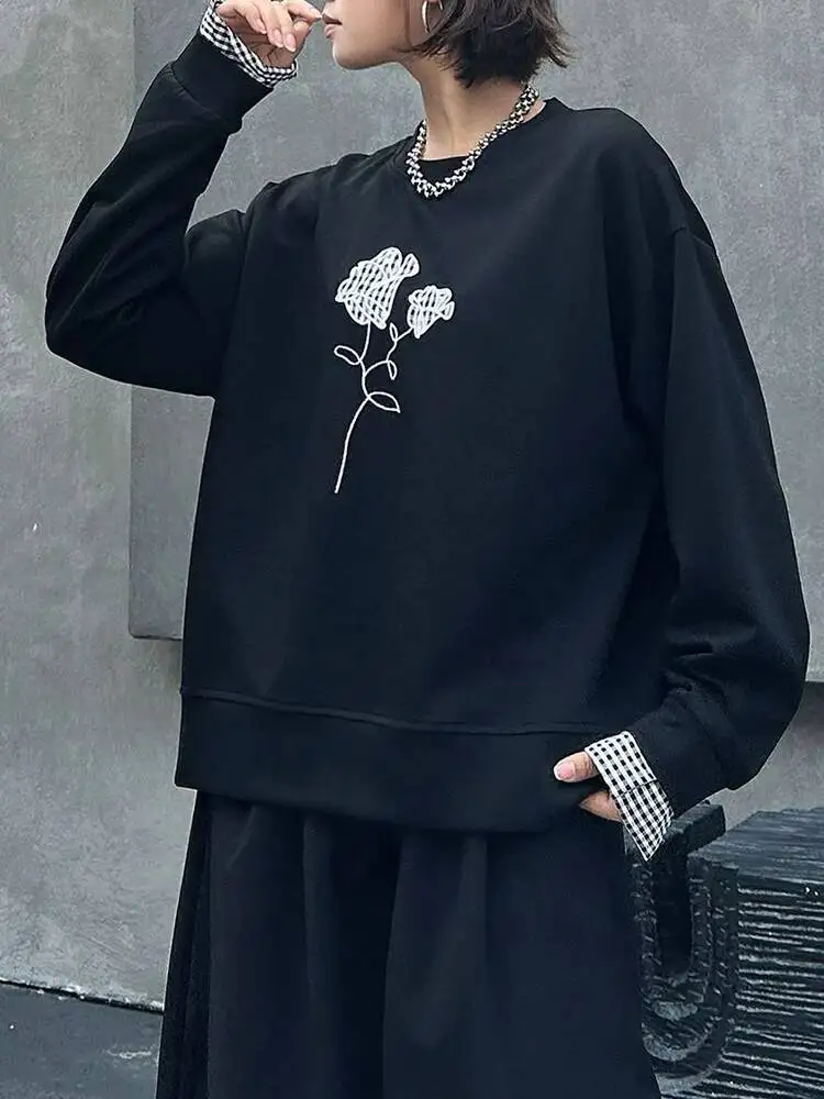 

Черная клетчатая толстовка с цветочной вышивкой, новая женская толстовка с круглым вырезом и длинными рукавами, большой размер, модная весна-осень