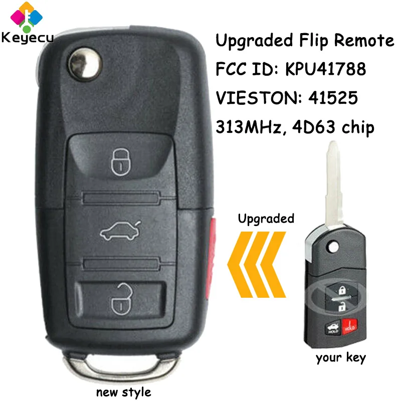 

KEYECU Upgraded Flip Remote Car Key With 4 Button 313MHz 4D63 Chip for Mazda 6 RX8 2004-2008 Fob FCC ID: KPU41788 VIESTON: 41525