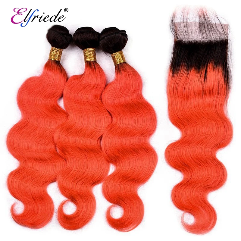 

Elfriede Ombre #1B/Orange Red Body Wave Hair Bundles with Closure 100% Remy Human Hair Weaves 3 Bundles with Lace Closure 4x4