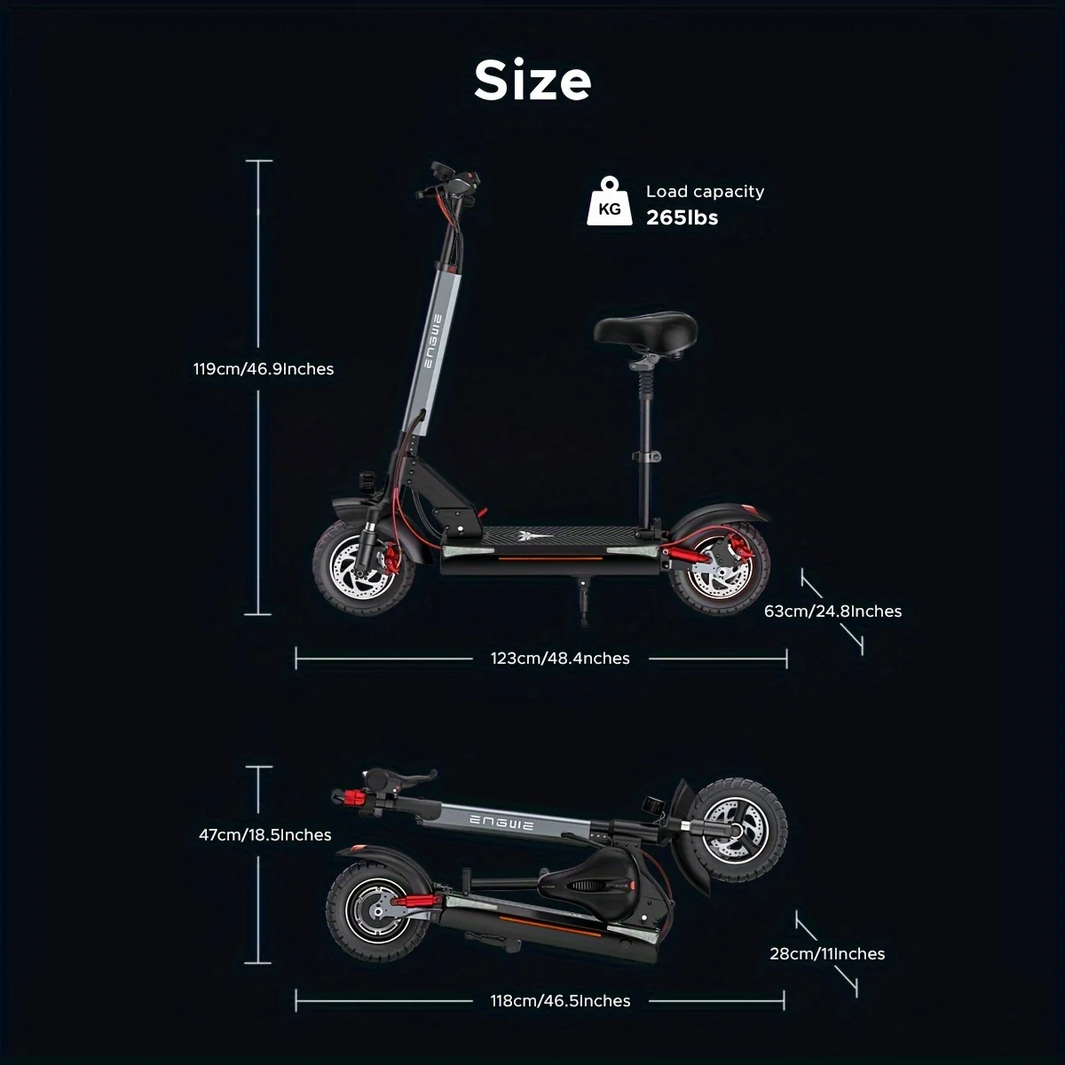 ENGWE 830W piek elektrische opvouwbare scooter, 48V 18,2AH, bereik van 43,5 mijl, 28 mph, 10*4,0 banden, volledige vering, stad en ruwe weg