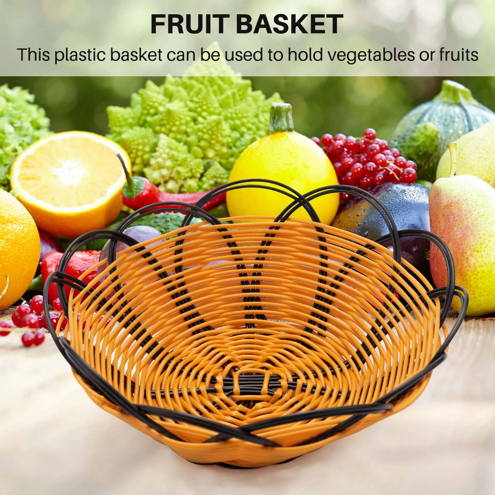 7 inch Plastic Braided Basket Fruit Vegetable Cookies Container Holder Black&orange