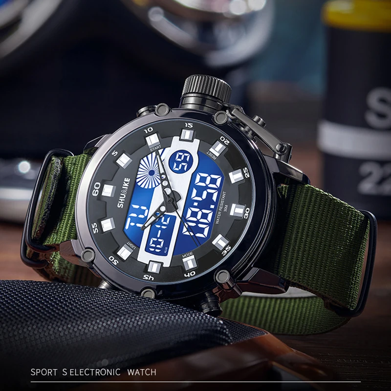 Reloj de cuarzo de negocios para hombre, reloj de cuarzo electrónico LED con pantalla Dual, reloj multifuncional resistente al agua, caja de aleación, correa de nailon