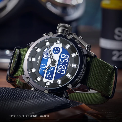 Imagen 2 del producto Reloj de cuarzo de negocios para hombre, reloj de cuarzo electrónico LED con pantalla Dual, reloj multifuncional resistente al agua, caja de aleación, correa de nailon