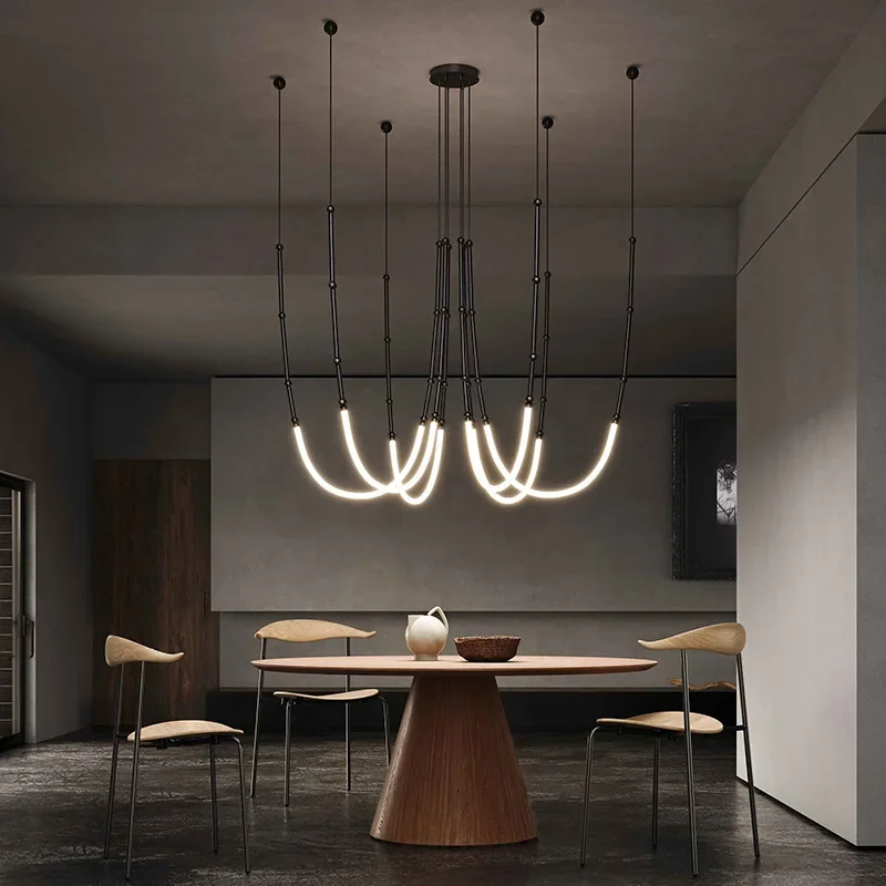 

Modern Simple Chandelier for Villa Living Dining Room Creative Duplex Floor Lotf LED Lamp Stairwell Line Bamboo Pendant Lighting