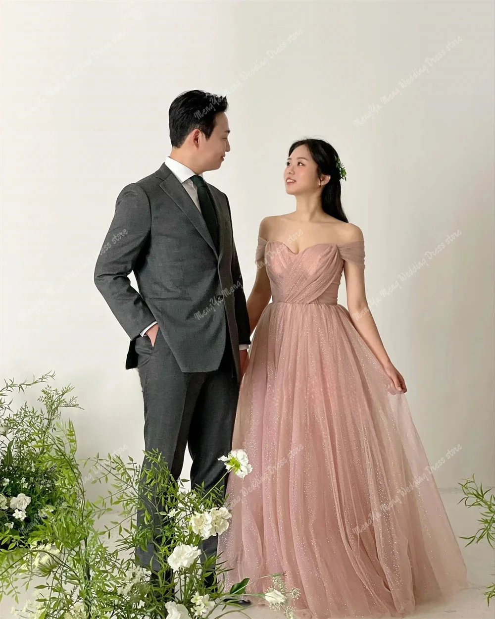 ZHUISHU Fairy Blush Pink 한국 이브닝 드레스 반짝 이는 반짝 이는 Tulle 웨딩 사진 촬영 드레스 오프 숄더 맞춤형 신부 가운