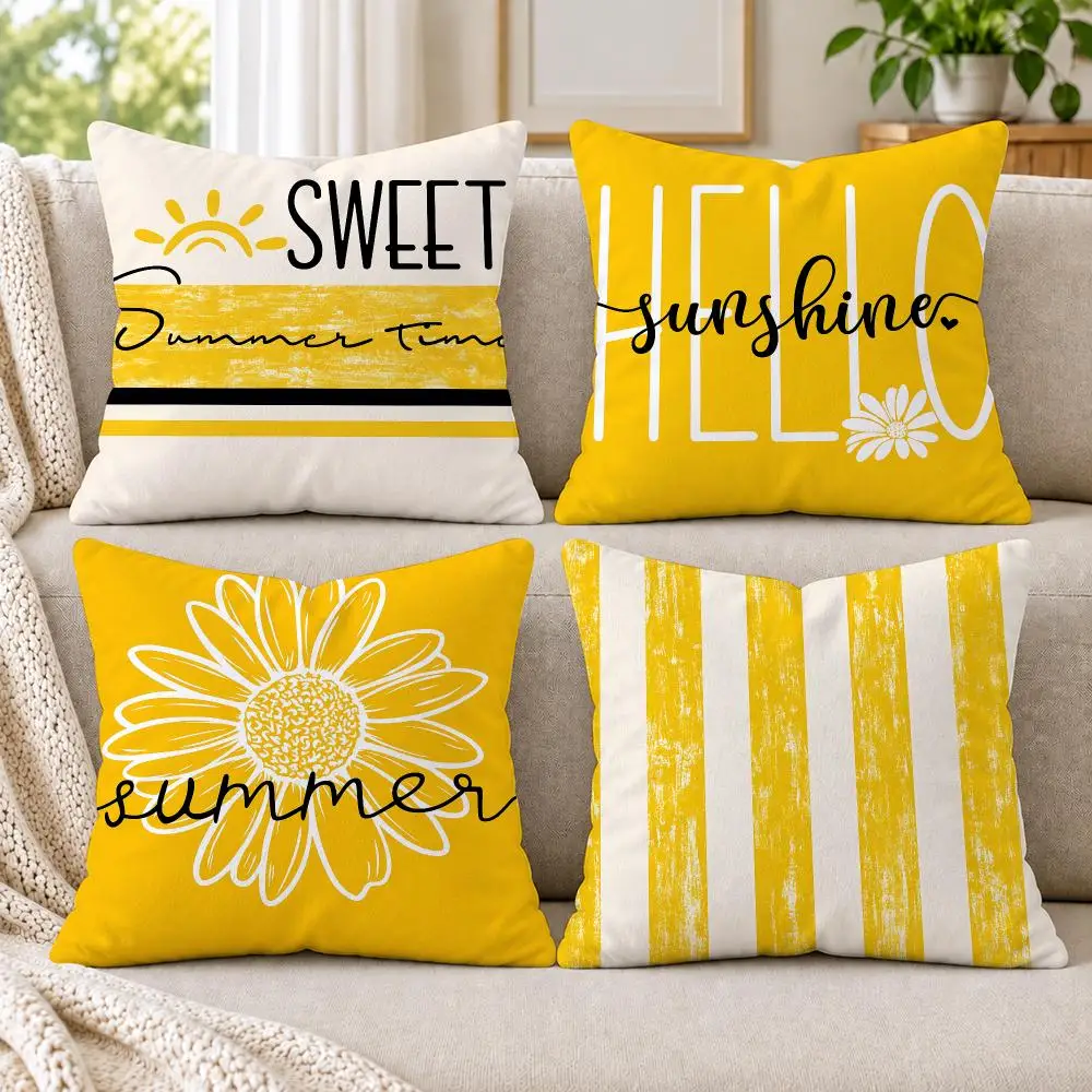 4PC Yellow Hello Summer Cushion Cover Soft Plush Double-Sided Print Throw Pillow Cover Home Decor for Sofa Living Room