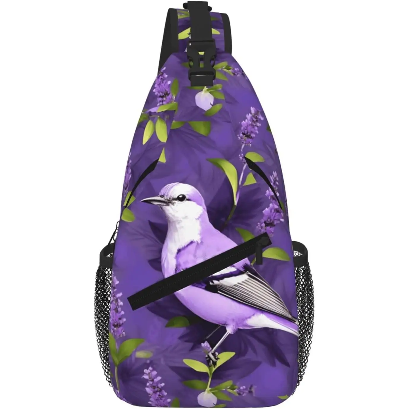 الطيور في الأرجواني الخزامى الأزهار الزهور طباعة حقيبة ظهر صغيرة ذات حمالة حقيبة كروسبودي ، حقيبة الصدر Daypack حزمة مراوح للخارجية