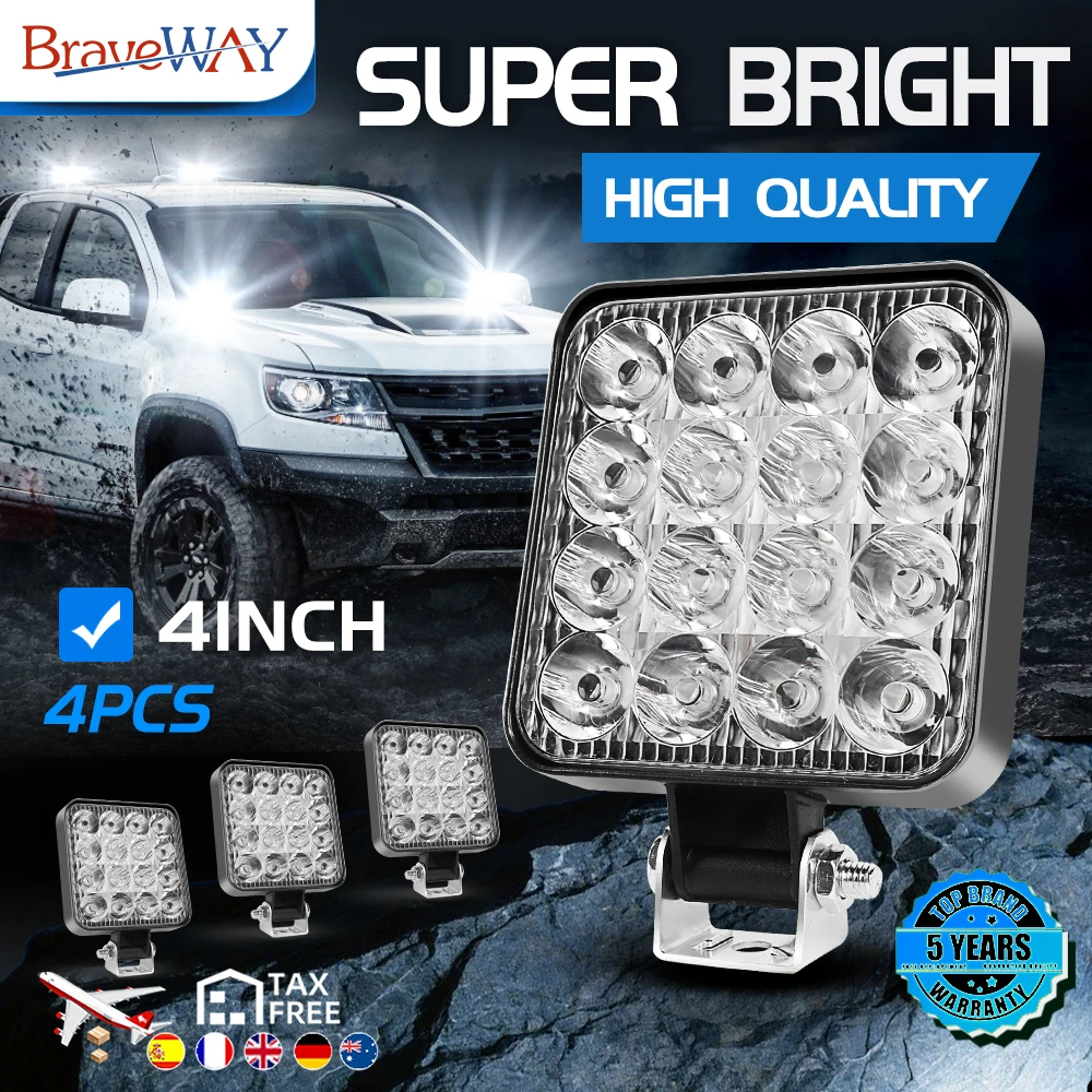 Braveway Luce da lavoro automatica Luce a led quadrata 15000LM LED Offroad Barra LED 4 pollici Spot Lampada fendinebbia 12V 24V Off Road 4x4 SUV ATV