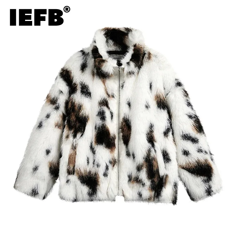 IEFB Winter Autumn Men's Faux Fur Jackets Casual Stand Collar Spot Fleece Thick Loose Male Coats Contrast Color Menswear CPG2225