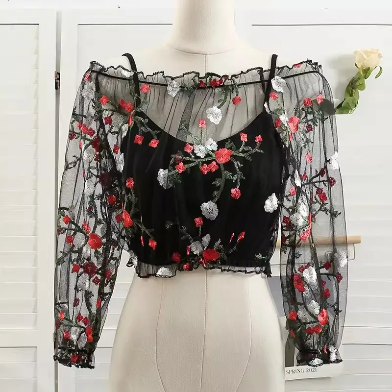 

Sweet Floral Embroidery Mesh Blouse 2026 Summer Women Slim Slash Neck Lace Shirt Ladies Bottom Perspective Blouses Short Tops