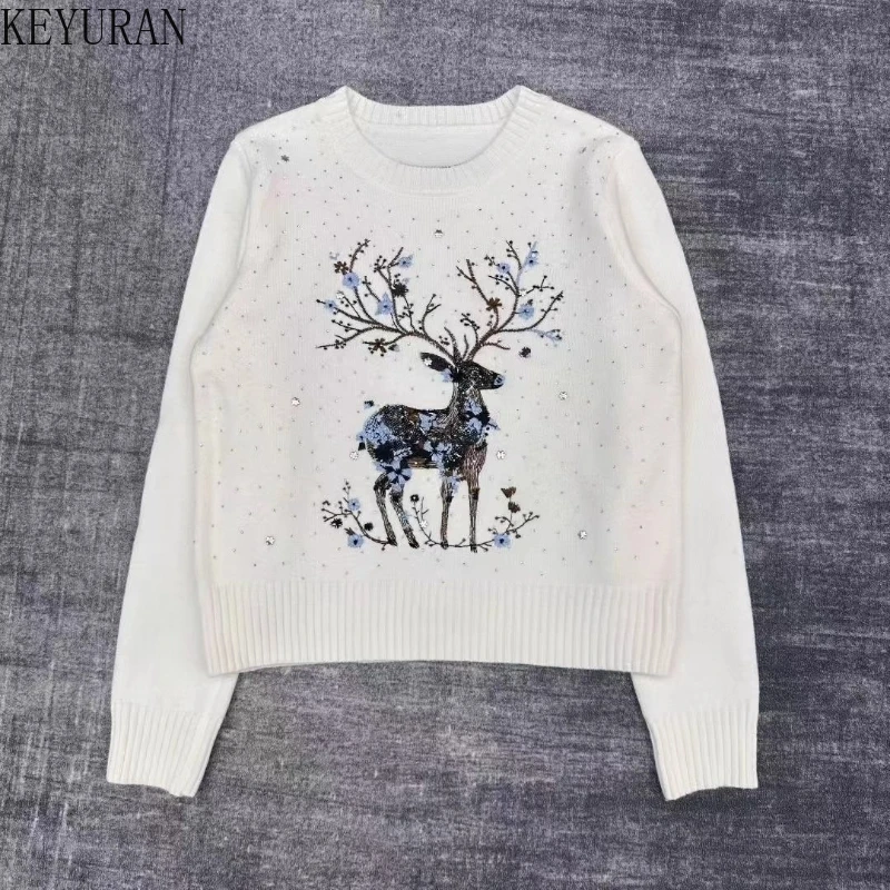 

Винтажный вязаный пуловер со звездами, горячий ромбовидный олень, свитер, женский осенний модный трикотаж с круглым вырезом и длинными рукавами, джемперы, топы