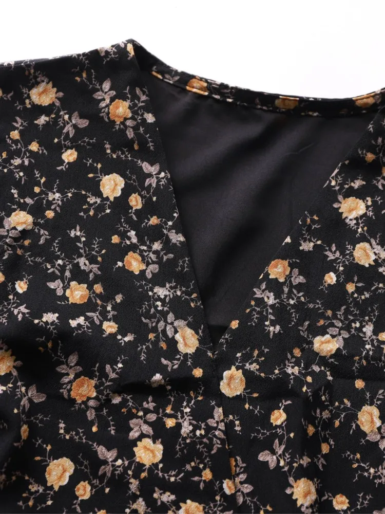 Plus Size wiosna lato nowy długi rękaw luźna, z falbanką plisowana linia kobieca sukienka moda kwiatowy nadruk w serek damskie długie sukienki