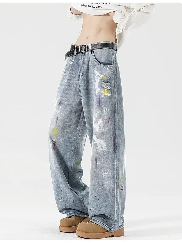 American Vintage Niche Design Graffiti Jeans Men's and Women's Loose Straight Mid Waist Dragging Pants