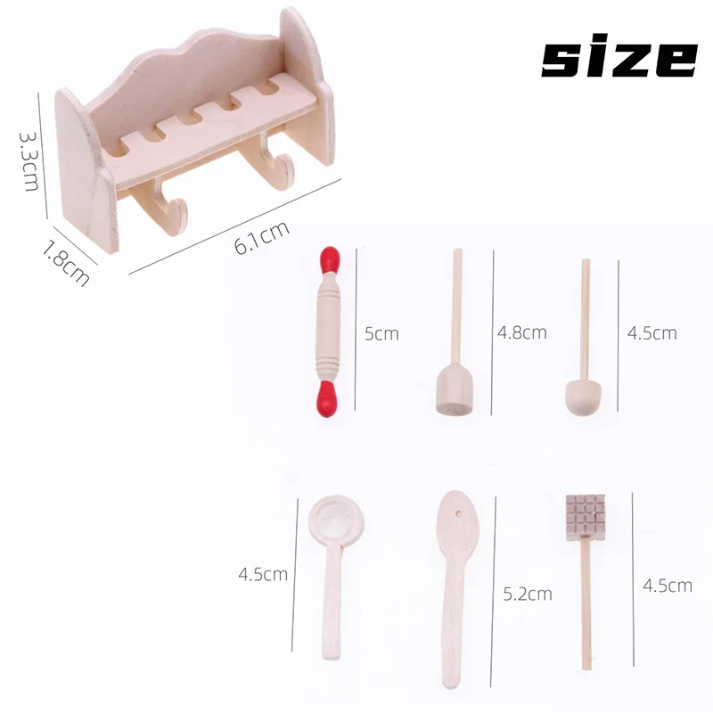 1Set Dollhouse Miniature Cookware Rolling Pin Spoon With Storage Rack Kitchen Utensils Model Doll House Decor Accessories