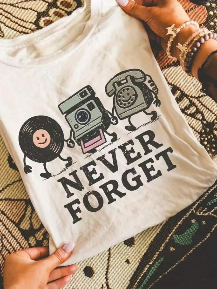 

90s Retro Graphic Tee With Vinyl Record Camera Phone Never Forget Nostalgic Vintage Women T-Shirt