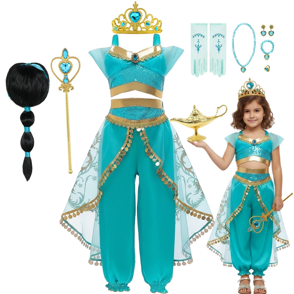 Girls Aladdin Magic Lamp Jasmine Princess Dress 2 PCS Kids Cosplay Costume Halloween Kids Birthday Carnival Vestidos Outfit