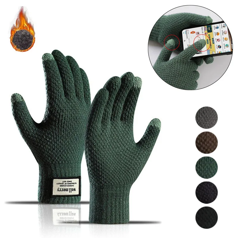 

Зимние мужские вязаные перчатки с сенсорным экраном, мужские варежки, утепленные шерстяные кашемировые однотонные мужские деловые перчатки, осень