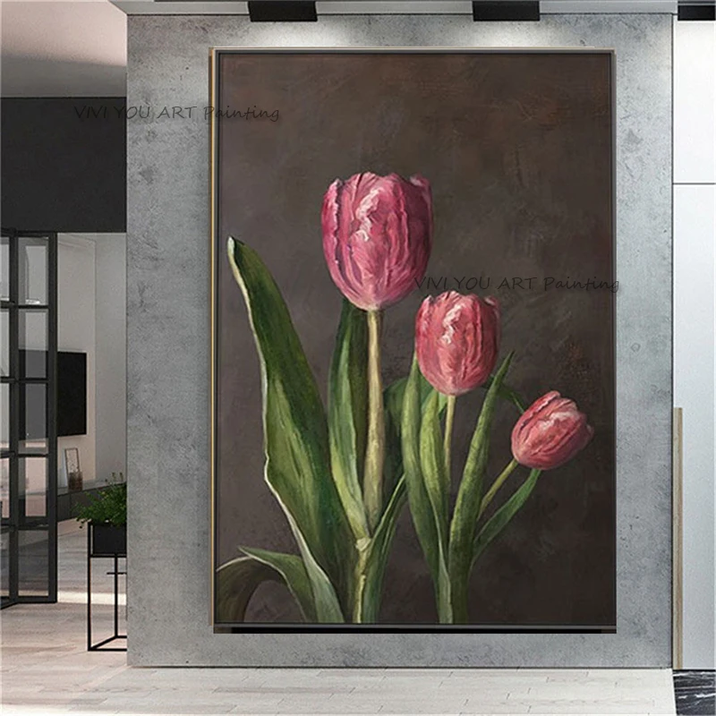 Hot Sales Pink Handmade Flower Painting Absract Home Decor Artwork Canvas Tulip Original Wall Art Picture for Living Room Decor