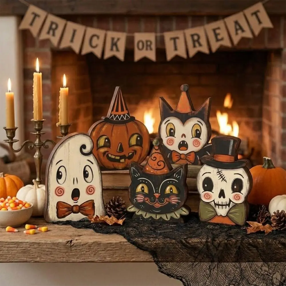 Cartoon Halloween Wooden Tabletop Sign Double Sided Pattern Hand Painted Ghost Pumpkin Owl Ornaments Farmhouse Style Integrated