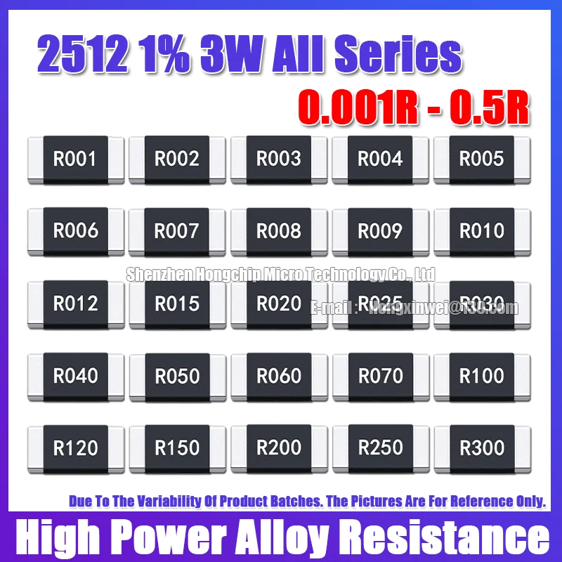 Resistencia de aleación de alta potencia, 2512, 1%, 3W, 8mR, R008, 0.008 ohmios, detección de corriente, 6,4x3,2mm-55 ~ + 170 ℃, 10 piezas