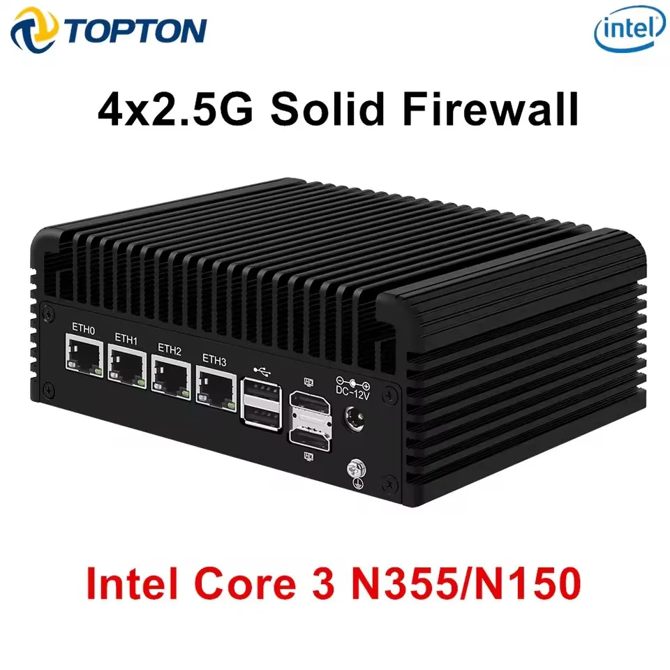 Topton Intel Core 3 N355 N305 N150 N100 Solid Firewall PC Computer 4x2.5G LAN Type-C 2 * NVMe 2 * SATA Fanless Mini PC NAS Server