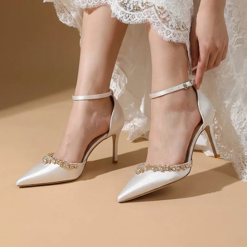 

Bride Wedding Shoes 2026 New Satin Pointed Toe Rhinestone Ankle Strap Stiletto Heels White Party Evening Dress Shoes for Women