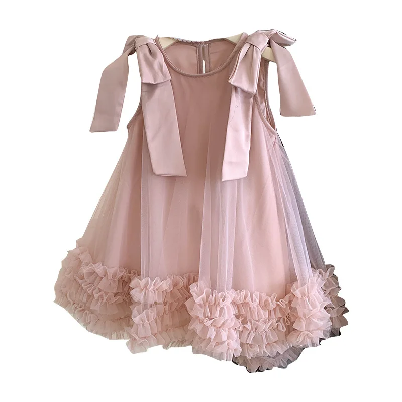 2024Summer Korean Style Girls\' New Sleeveless Shoulder Bow Mesh Princess Dress Children\'s Midi Dress Tide