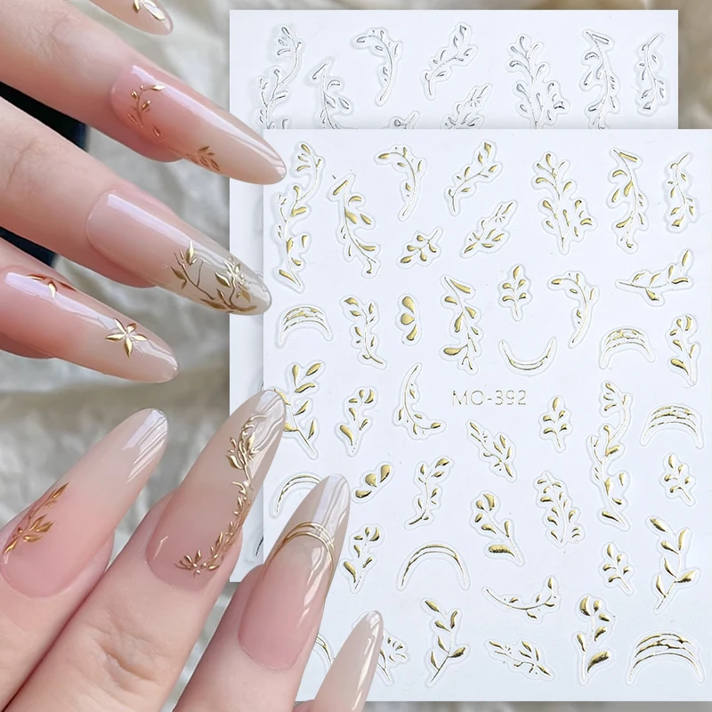 3D Gold Silver Maple Leaves Nail Stickers Leaf Branches Geometric French Nail Art Decals Self Adhesive Manicure Nail Slider