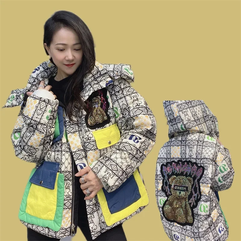 Chaqueta de plumón de pato con capucha para mujer, parka cálida de manga larga con estampado de diamantes, color blanco, otoño e invierno, novedad de 2024