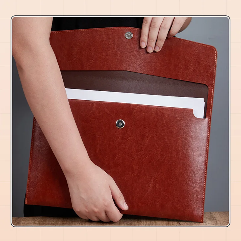 PU Leather File Bag Large Capacity Snap Closure Document Pouch A4 Document Paper Storage Bag Office Documents Storage Management