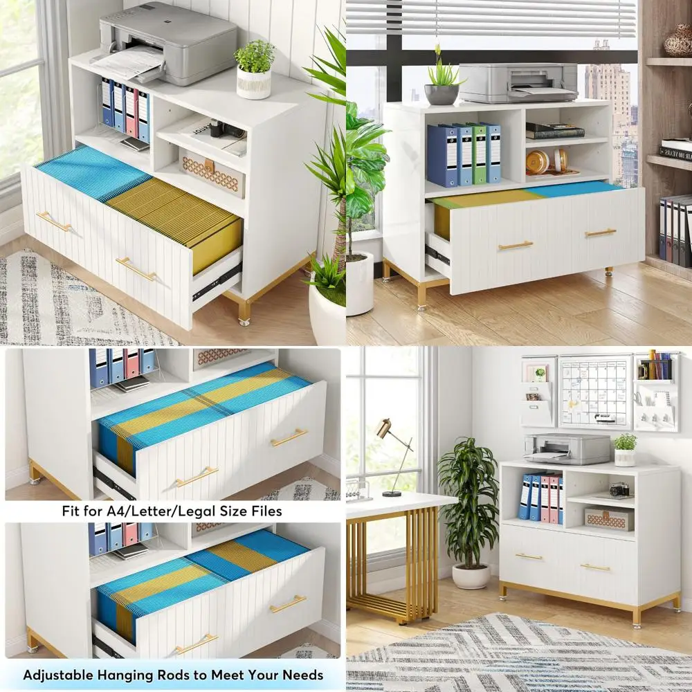 Adjustable Hanging Rod White Lateral File Cabinet for Letter/Legal/A4 Size Files with Drawer, Office Storage Solution