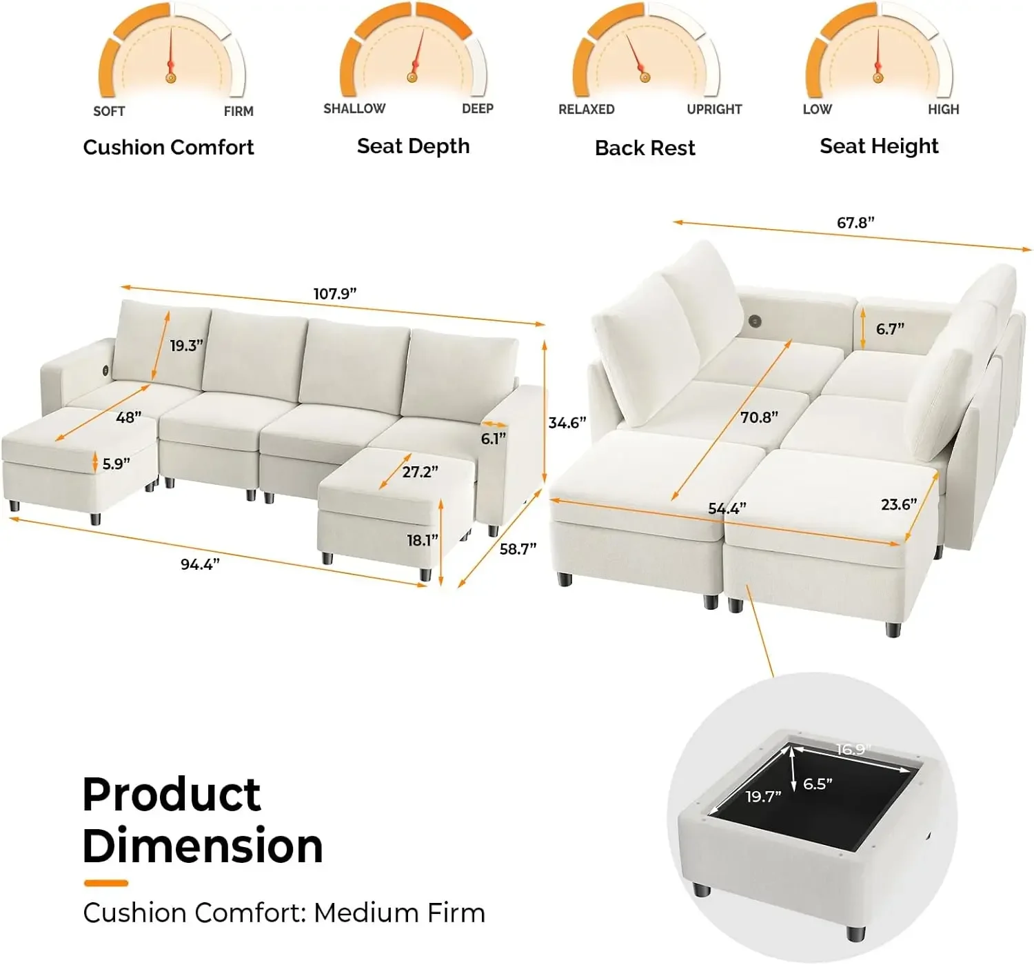 Storage Modular Sectional Sofa Sleeper in Upgraded USB Built-in Charger, Convertible Couch Bed, Seaters Module