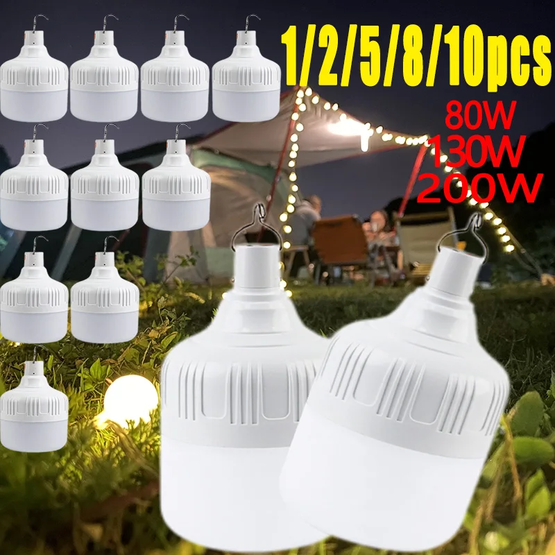 Bombilla de luz LED USB para exteriores, lámpara de emergencia de carga con gancho, iluminación nocturna, tienda de campaña, barbacoa, 1-10 piezas