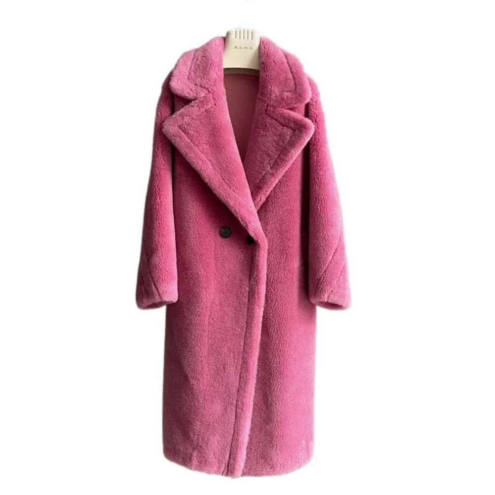 

2022 new autumn and winter mid length silhouette loose lamb wool suit collar teddy bear coat