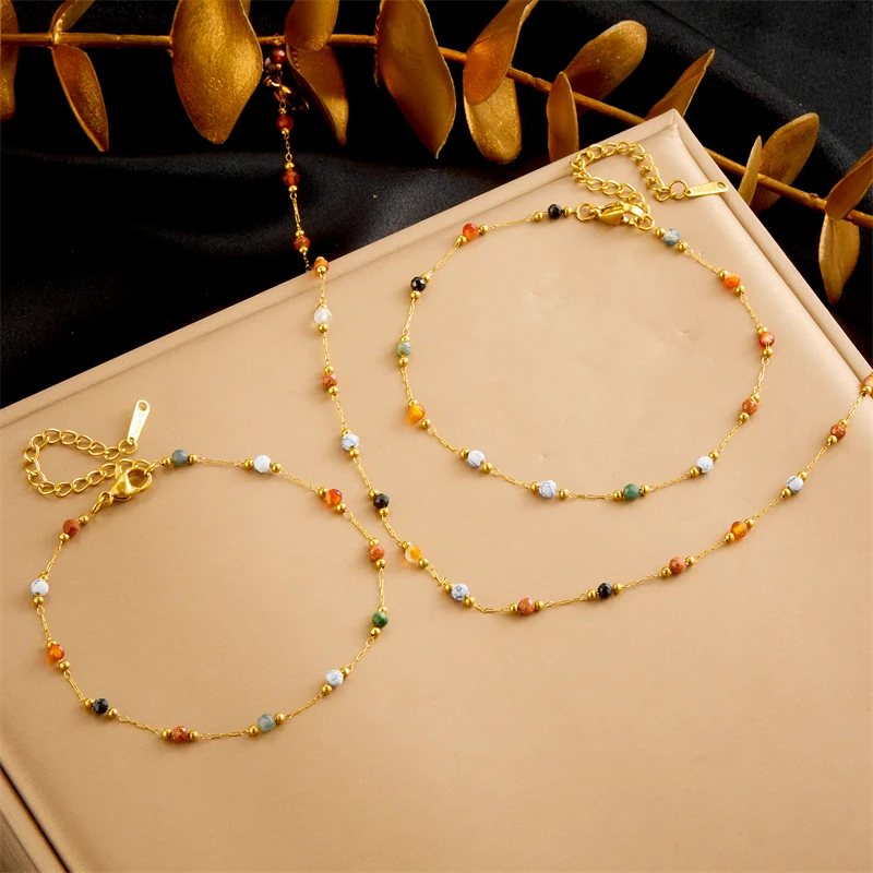 DIEYURO 316L Edelstahl Natürliche Farbige Perlen Halskette Armband Fußkettchen für Damen 2024 Neuer Trend Nicht-verblassendes Schmuckset