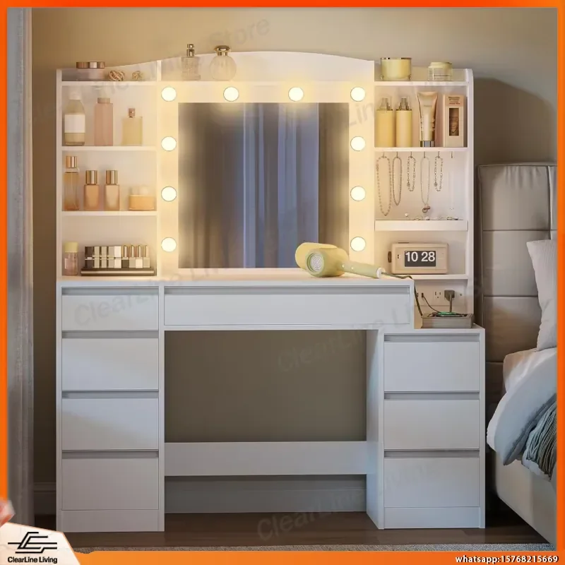 Mesa de Maquiagem Branca com Espelho LED e Tomada, Mesa Moderna de 47,2 Polegadas com 8 Gavetas e 8 Prateleiras para Quarto