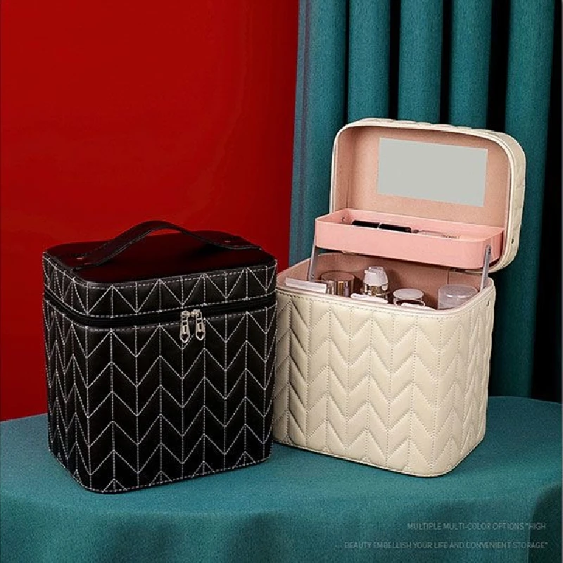 Large Capacity PU Leather Cosmetic Bag, Multifunctional Makeup Case, Portable Multi-Layer Travel Cosmetic Organizer Box