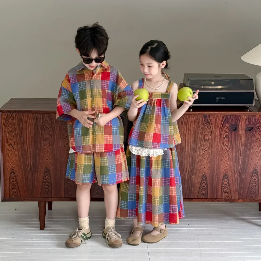 

Summer Children Outfits Muslin Rainbow Plaid Korean T-shirts+shorts Suit For 1-10Y Loose Kid Girl Sling Top Contrast Long Skirts