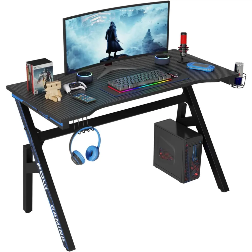 

Gaming Desk PC Carbon Fiber Table Ultimate Gamer Workstation with Cup Holder & Headphone Hook for Home Office