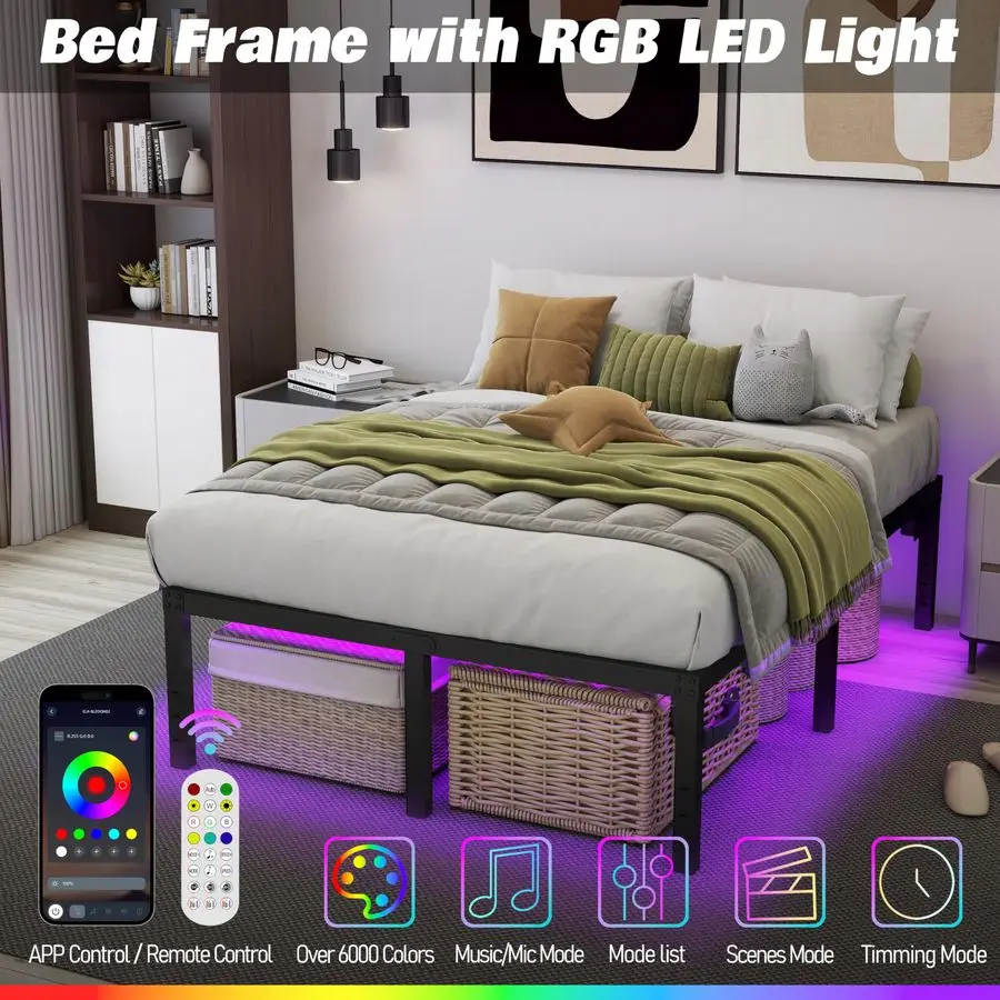 Size Bed Frame King Platform Bed Frame with LED Lights 14 Inch Tall Mattress Base No Box Spring Needed Modern Beds with Charger