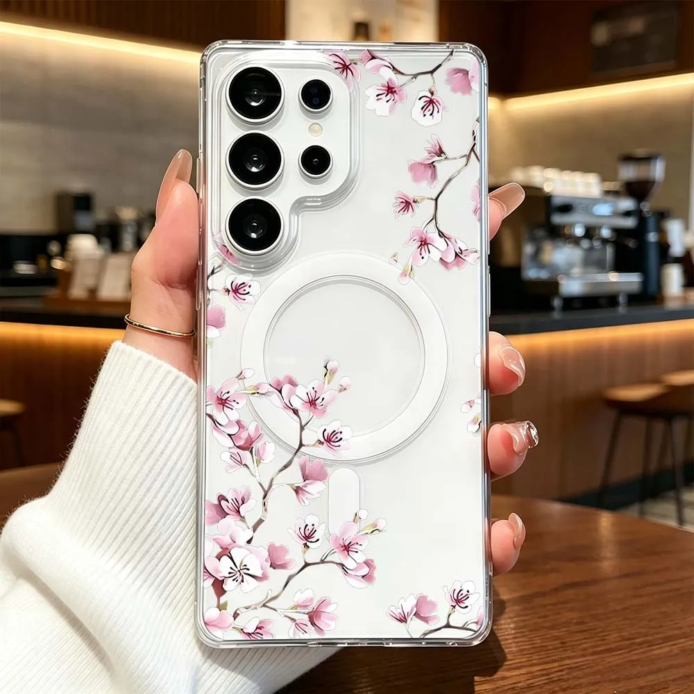 Simple Pink Floral Pattern Phone Case For Samsung Galaxy S26 S25 S24 S23 S22 A56 FE Plus Ultra Transparent Magnetic Cover