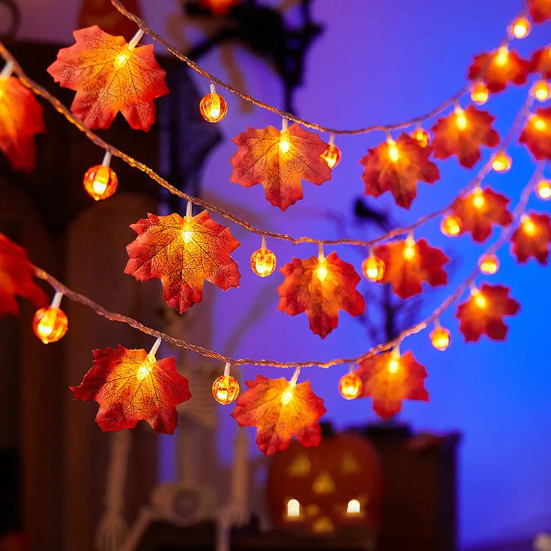 2026 Halloween Pumpkin String Lights Maple Leaf Fairy Lights Battery Operated Fall Decor Lights for Indoor Party Yard