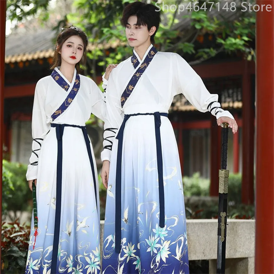 

Chinese Hanfu Costume Men&Women Halloween Carnival Cosplay Costume Couples Party Outfit Ancient Blue Printed Hanfu Dress Large