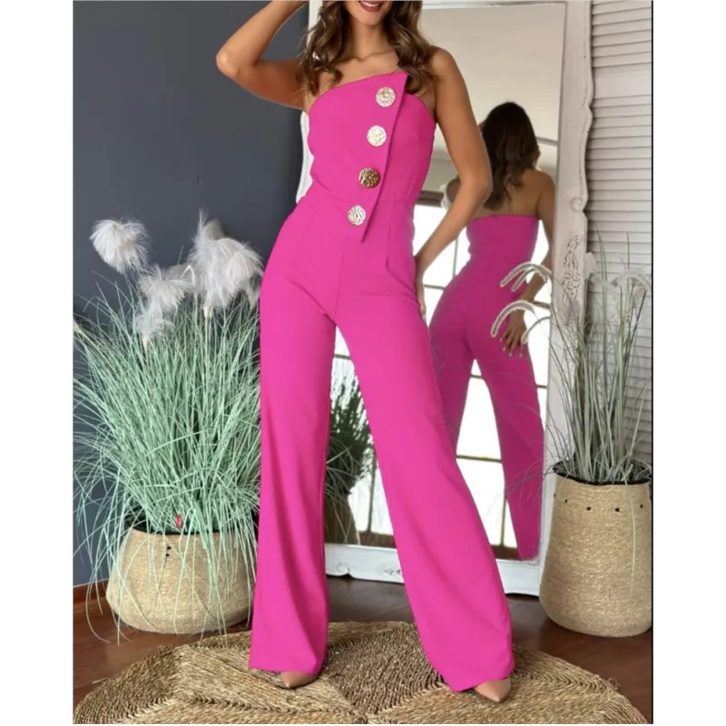 Fashion Women's Romper Jumpsuit Summer New Sexy Backless Tube Top Button Bootcut Long Pants Red Jumpsuits For Women Streetwear