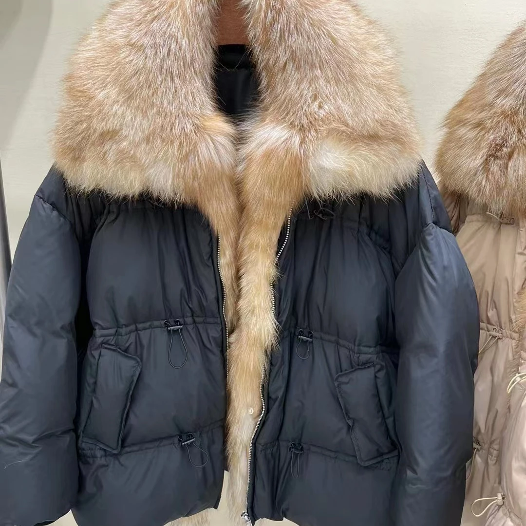 MENINA BONITA 2023 New Fashion Real Fox Fur Big Collar Winter Jacket Women Natural Warm Duck Down Coat Loose Luxury Outerwear