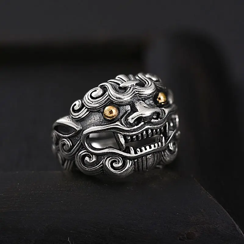 Mythical Pi Yao Beast Ring Adjustable Wide Band Distressed Finish Men's Statement Index Finger Collector's Item Gift for Men
