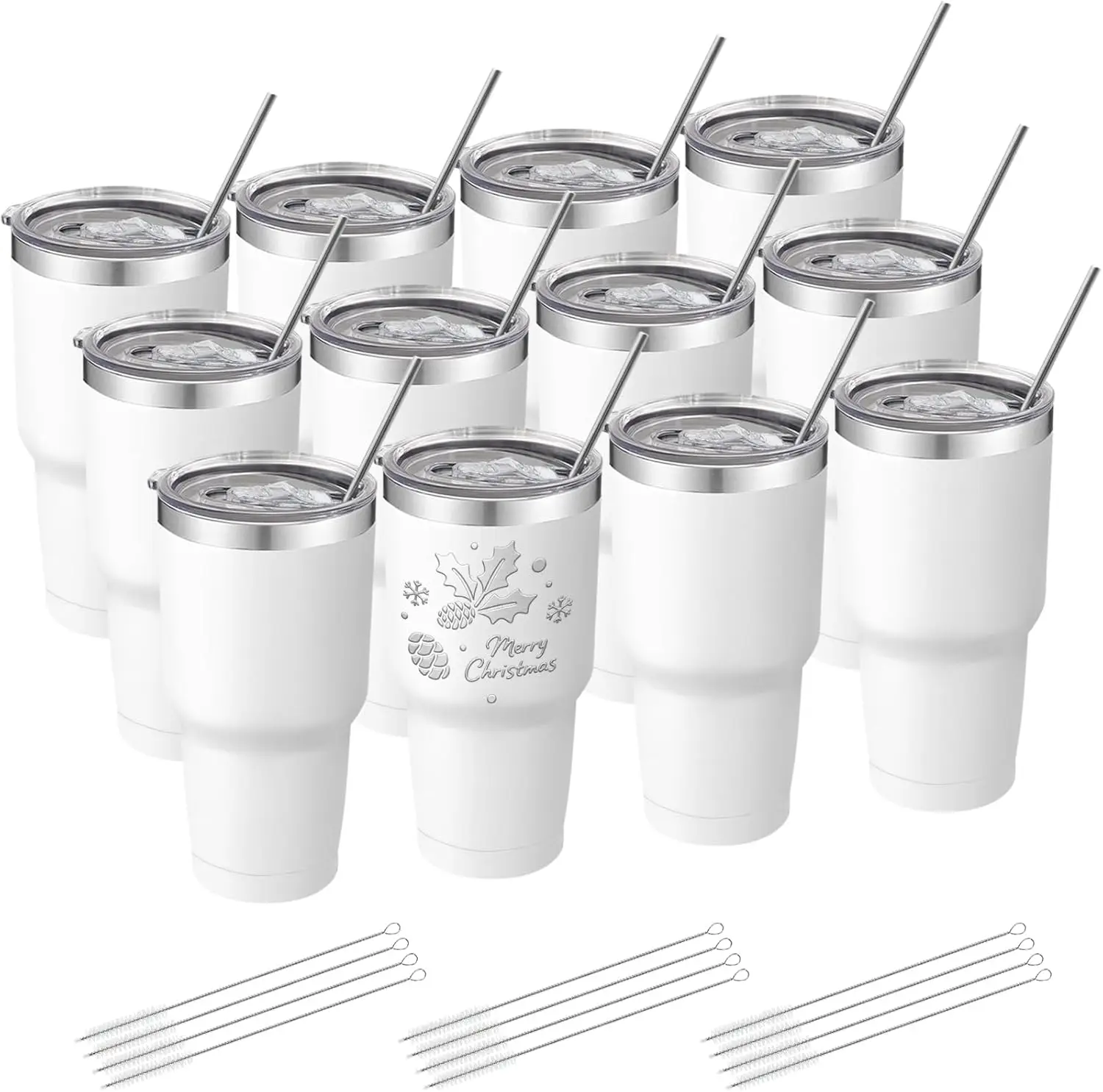 

12-Pack Insulated Stainless Steel Tumbler Set with Lid & Straw, 30oz White, Double Wall Vacuum Travel Cup