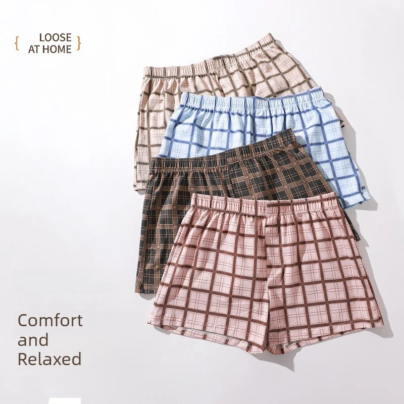 Calzoncillos tipo bóxer para hombre con mosca de algodón, corte holgado, informal, para dormir en casa, cintura elástica, patrones a cuadros