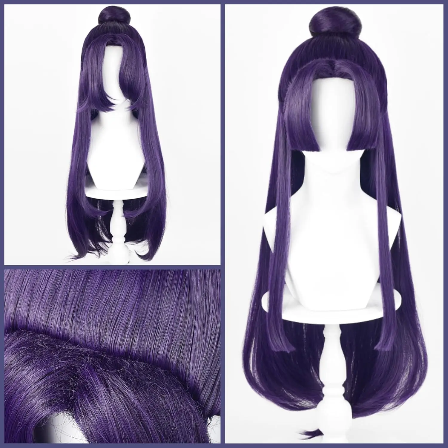 Jinshi شعر مستعار تأثيري طويل مستقيم أنيمي الأرجواني الداكن الباروكات مع الانفجارات وكعكة 33 ''الشعر الاصطناعية للجنسين أزياء الهالوين الطرف