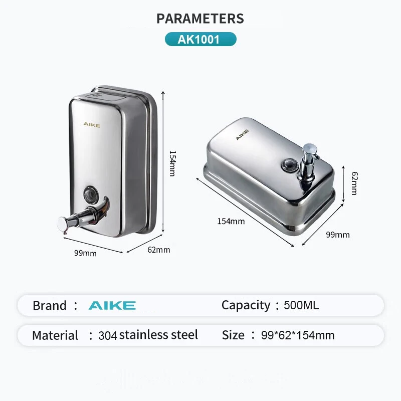 Aike-ステンレス鋼ハンドウォールソープポンプ,石鹸ディスペンサー,防水シャワージェルディスペンサー,簡単なプッシュ,バスルーム,500ml